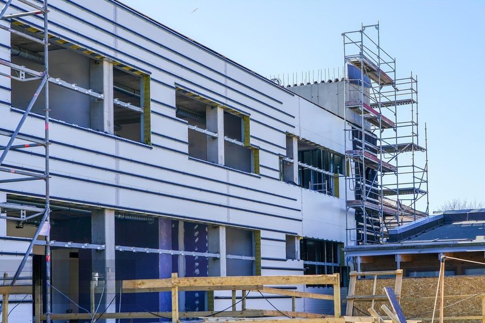 Sandwich panel facade during installation